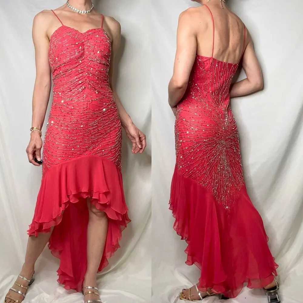 Scala prom dress coral pink 100% silk ruffle hem slip gown beaded sequin‎ formal